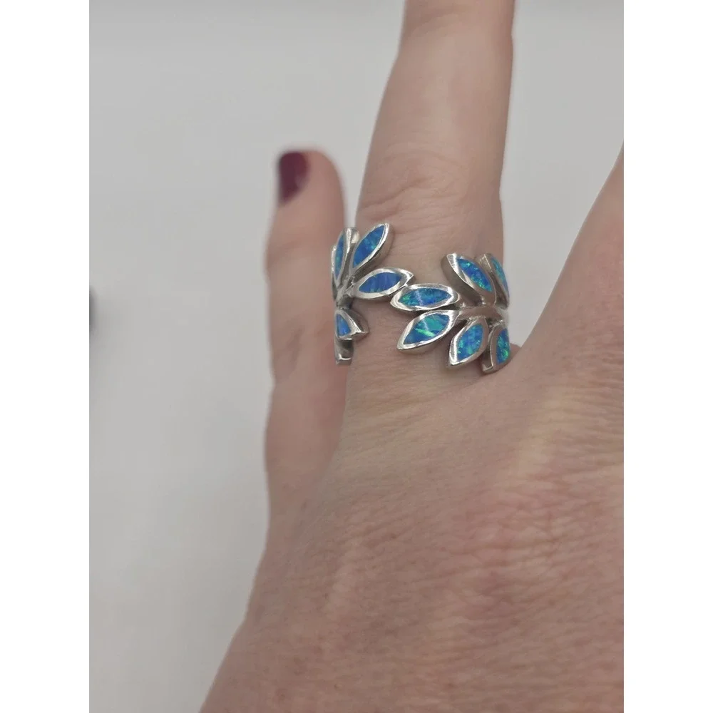Blue Lab Opal Ring Womens Size 7 Fern Leaf Plant‎ Wrap Sterling Silver 925 NWOT